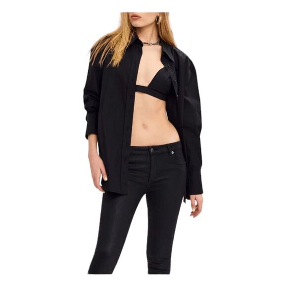SER.O.YA Lydia Open Back Button Down Shirt Black Exaggerated Cuffs Built-In Bra - Picture 3 of 7